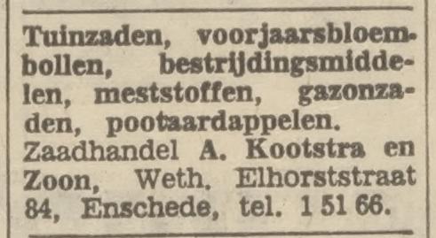 Wethouder Elhorststraat 84 zaadhandel A. Kootstra en Zn advertentie Tubantia 29-3-1969.jpg