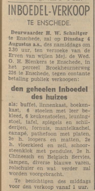Broekheurnerweg 226 G.H. Blenkers advertentie Tubantia 1-8-1942.jpg