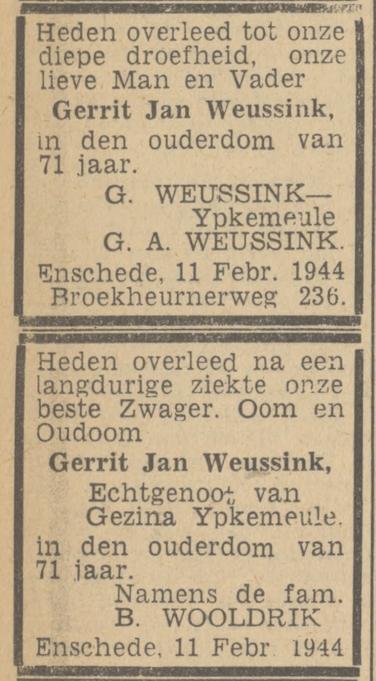 Broekheurnerweg 236 Gerrit Jan weussink overlijdensadvertentie Twentsch nieuwsblad 14-2-1944.jpg