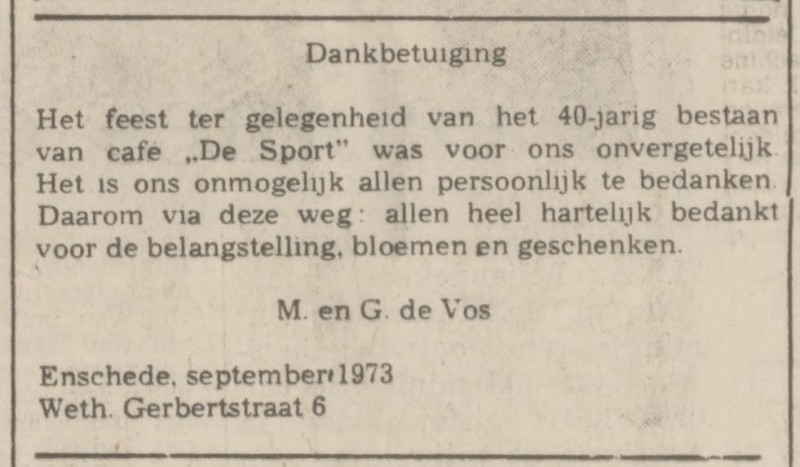 Wethouder Gerbertstraat 6 M. de Vos cafe De Sport advertentie Tubantia 16-9-1973.jpg
