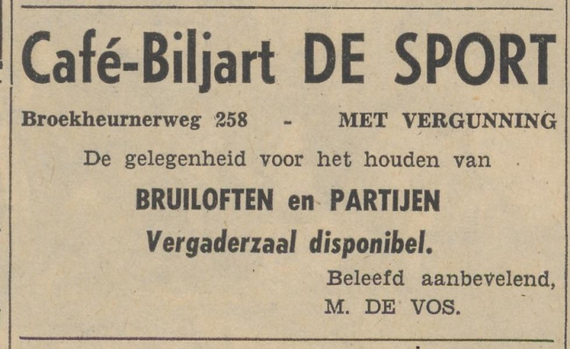 Broekheurnerweg 258 M. de Vos cafe De Sport advertentie Tubantia 19-4-1958.jpg
