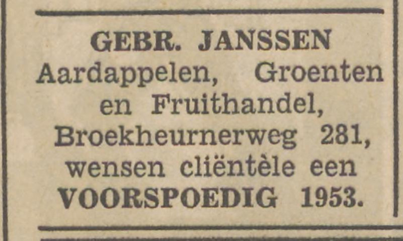 Broekheurnerweg 281 Gebr. Janssen advertentie Tubantia 31-12-1952.jpg
