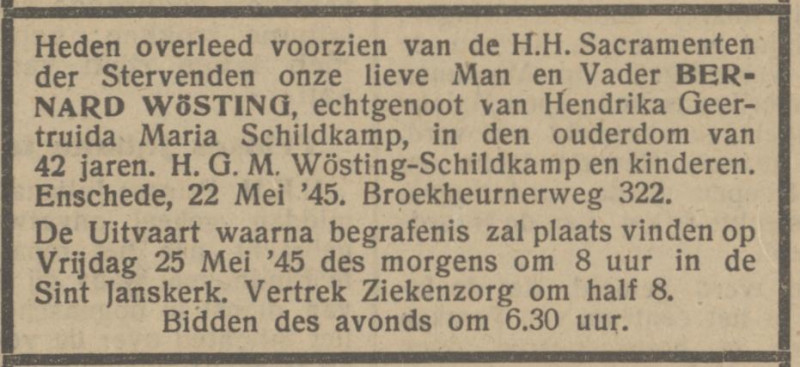 Broekheurnerweg 322 Bernard Wosting overlijdensadvertentie Het Parool 24-3-1945.jpg