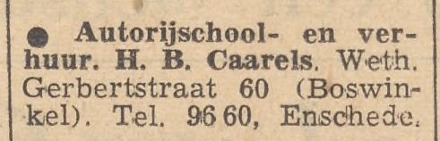Wethouder Gerbertstraat 60 voorheen Broekheurnerweg 320 autorijschool H.B. Caarels advertentie Tubantia 23-8-1961.jpg