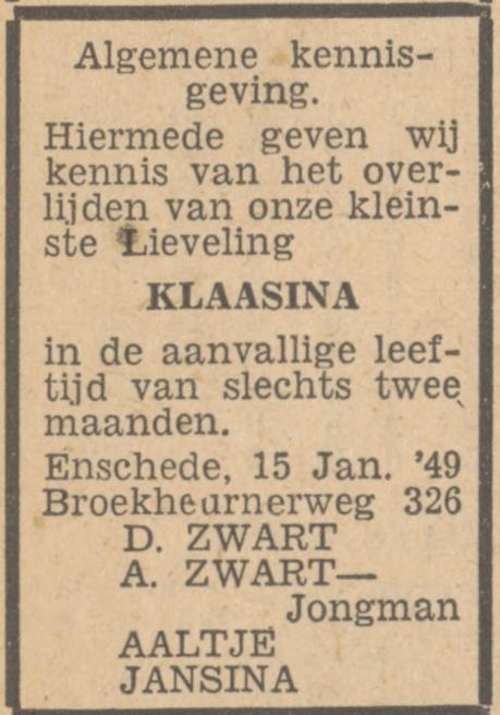 Broekheurnerweg 326 D. Zwart advertentie Tubantia 17-1-1949.jpg