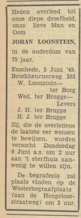 Broekheurnerweg 383 Johan Loonstein overlijdensadvertentie Tubantia 7-6-1949.jpg