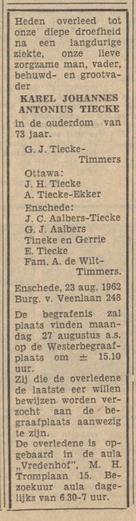 Burgemeester van Veenlaan 248 voorheen Broekheurnerweg 388 K.J.A. Tiecke overlijdensadvertentie Tubantia 24-8-1962.jpg