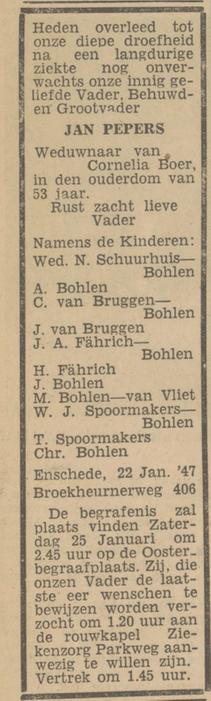 Broekheurnerweg 406 Jan pepers overlijdensadvertentie Tubantia 24-1-1947.jpg