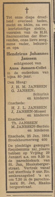 Broekheurnerweg 400 H.J. Janssen overlijdensadvertentie Tubantia 26-1-1954.jpg