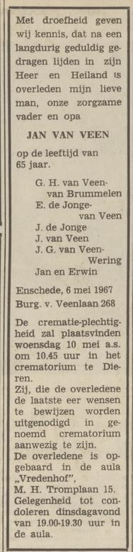 Burgemeester van Veenlaan 268 voorheen Broekheurnerweg 414 Jan van Veen overlijdensadvertentie Tubantia 8-5-1967.jpg