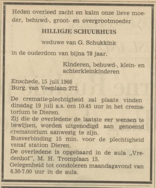 Burgemeester van Veenlaan 272 voorheen Broekheurnerweg 418 H. Schukkink-Schuurhuis overlijdensadvertentie Tubantia 16-7-1966.jpg