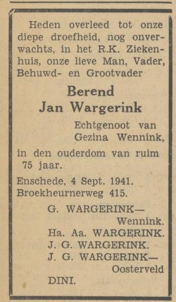 Broekheurnerweg 415 B.J. Wargerink overlijdensadvertentie Tubantia 5-9-1941.jpg