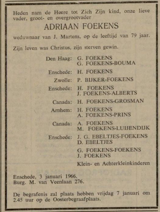 Burgemeester van Veenlaan 276 eerder Broekheurnerweg 420 Adriaan Foekens overlijdensadvertentie Gereformeerd gezinsblad 6-1-1966.jpg