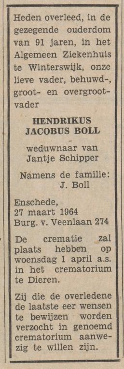 Burgemeester van Veenlaan 274 eerder Broekheurnerweg 420 J. Boll advertentie Tubantia 31-3-1964.jpg
