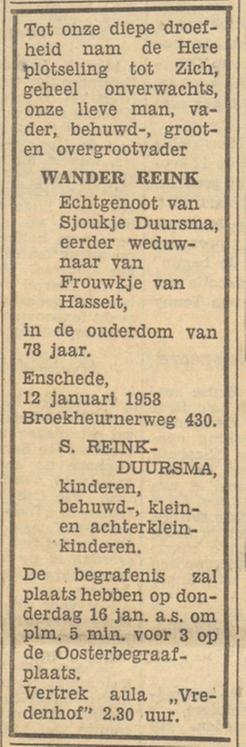 Broekheurnerweg 430 Wander Reink overlijdensadvertentie Tubantia 13-1-1958.jpg