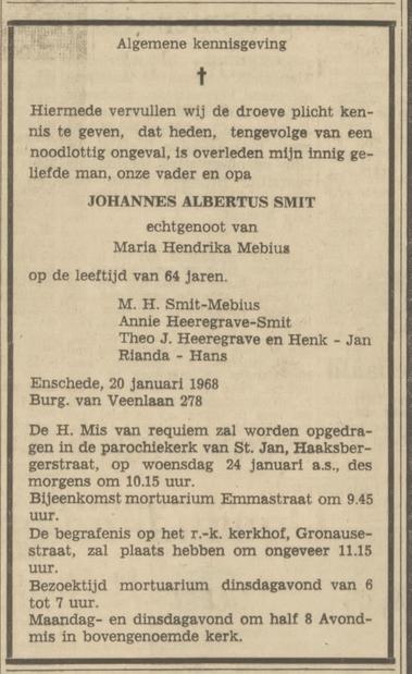 Burgemeester van Veenlaan 278 eerder Broekheurnerweg 424 Maria Hendrika Mebius advertentie Tubantia 22-1-1968.jpg