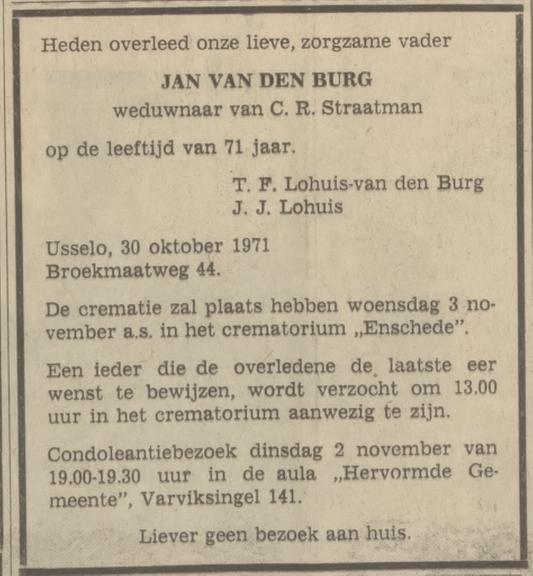 Broekmaatweg 44 Usselo Jan van den Burg overlijdensadvertentie Tubantia 1-11-1971.jpg
