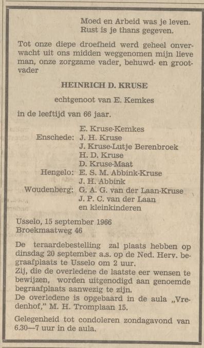 Broekmaatweg 46 Usselo Heinrich D. Kruse overlijdensadvertentie Tubantia 17-9-1966.jpg