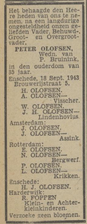 Brouwerijstraat 5 Peter Olofsen overlijdensadvertentie Twentsch nieuwsblad 20-9-1943.jpg