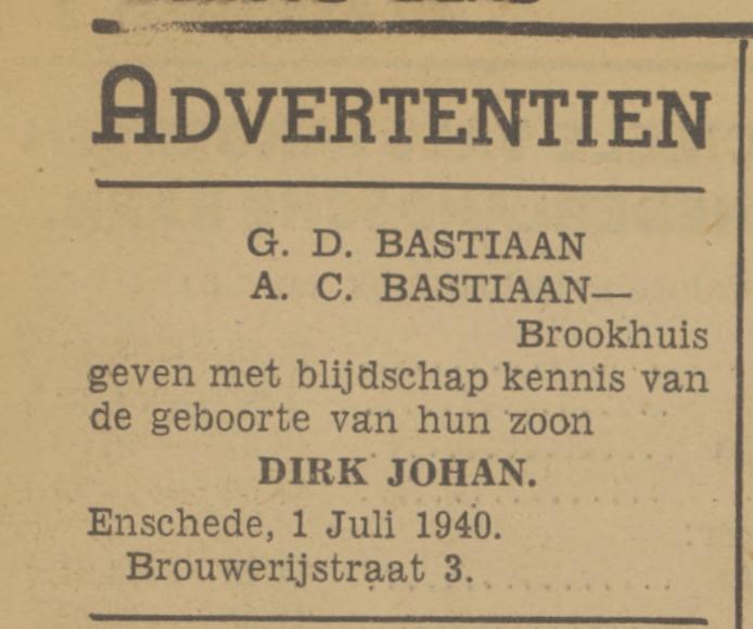 Brouwerijstraat 3 G.D. Bastiaan advertentie Tubantia 2-7-1940.jpg