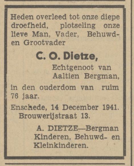 Brouwerijstraat 13 C.O. Dietze overlijdensadvertentie Tubantia 15-12-1941.jpg