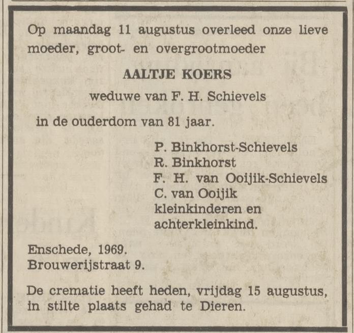 Brouwerijstraat 9 Wed. A. Schievels-Koers overlijdensadvertentie Tubantia 15-8-1969.jpg