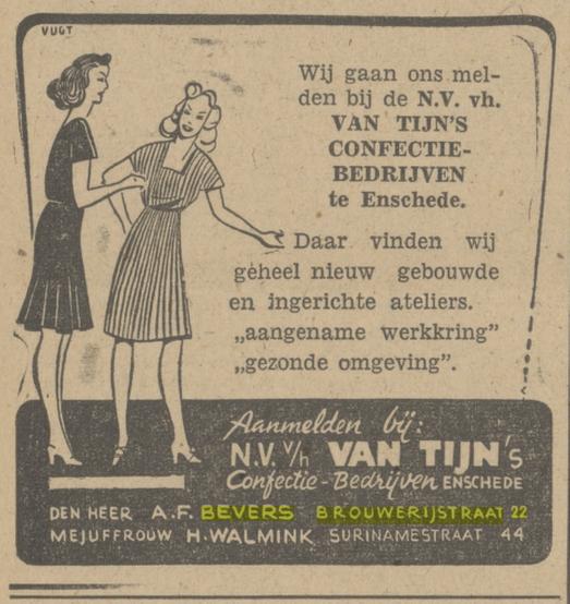 Brouwerijstraat 22 A.F. Bevers advertentie Tubantia 9-12-1947.jpg