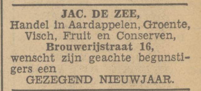 Brouwerijstraat 16 Jac. de Zee Handel in aardapp., groenten en fruit advertentie Tubantia 31-12-1937.jpg