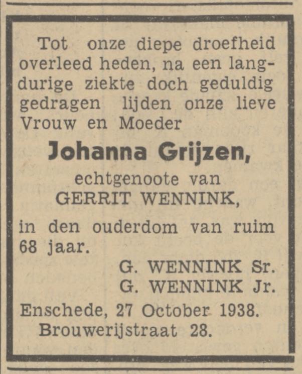 Brouwerijstraat 28 J. Wennink-Grijzen overlijdensadvertentie Tubantia 28-10-1938.jpg