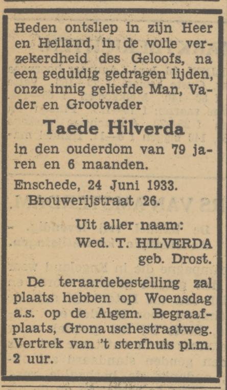 Brouwerijstraat 26 Teade Hilverda overlijdensadvertentie Tubantia 26-6-1933.jpg