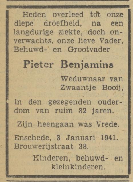 Brouwerijstraat 38 Pieter Benjamins overlijdensadvertentie Tubantia 4-1-1941.jpg