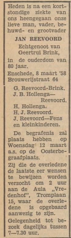 Brouwerijstraat 64 Jan Reevoord overlijdensadvertentie Tubantia 16-3-1958.jpg