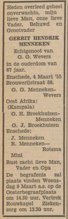 Brouwerijstraat 58 G.H. Menneken overlijdensadvertentie Tubantia 5-3-1955.jpg