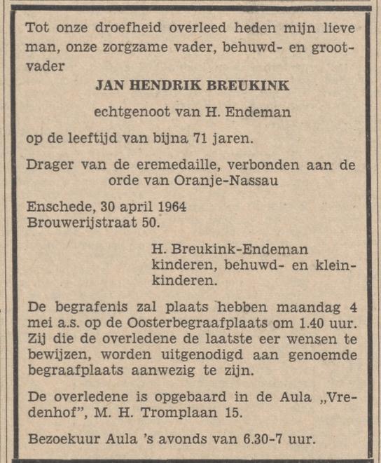 Brouwerijstraat 50 J.H. Breukink overlijdensadvertentie Tubantia 1-5-1964.jpg
