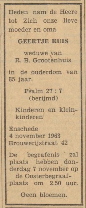 Brouwerijstraat 42 Wed. Geertje Grootenhuis-Ruis overlijdensadvertentie Tubantia 5-11-1963.jpg