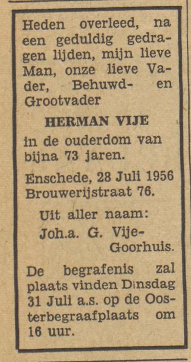 Brouwerijstraat 76 Herman Vije overlijdensadvertentie Tubantia 30-7-1956.jpg
