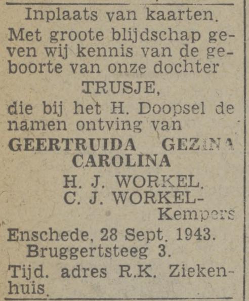 Bruggertsteeg 3 H.J. Workel advertentie Tubantia 29-9-1943.jpg