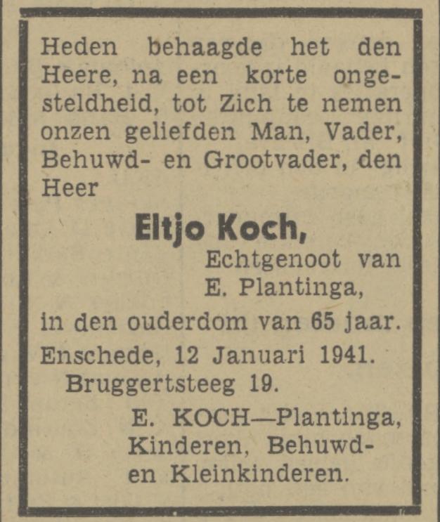 Bruggertsteeg 19 Eltjo Koch overlijdensadvertentie Tubantia 13-1-1941.jpg