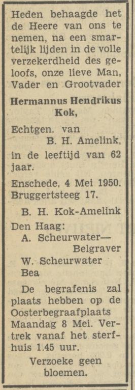 Bruggertsteeg 17 H.H. Kok overlijdensadvertentie Tubantia 4-5-1950.jpg