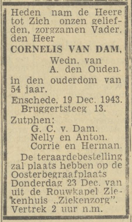 Bruggertsteeg 13 Cornelis van Dam overlijdensadvertentie Twentsch nieuwsblad 20-12-1943.jpg