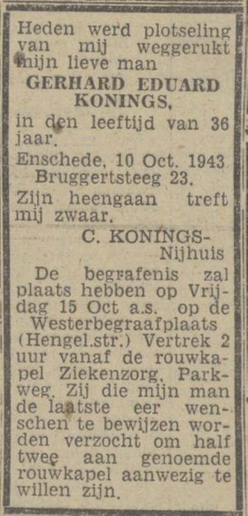 Bruggertsteeg 23 G.E. Konings overlijdensadvertentie Tubantia 12-10-1943.jpg