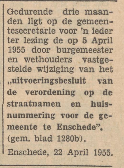 Wijziing straatnamen en huisnummering advertentie Tubantia 22-4-1955.jpg