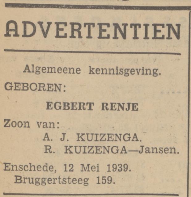 Bruggertsteeg 159 A.J. Kuizenga advertentie Tubantia 12-5-1939.jpg