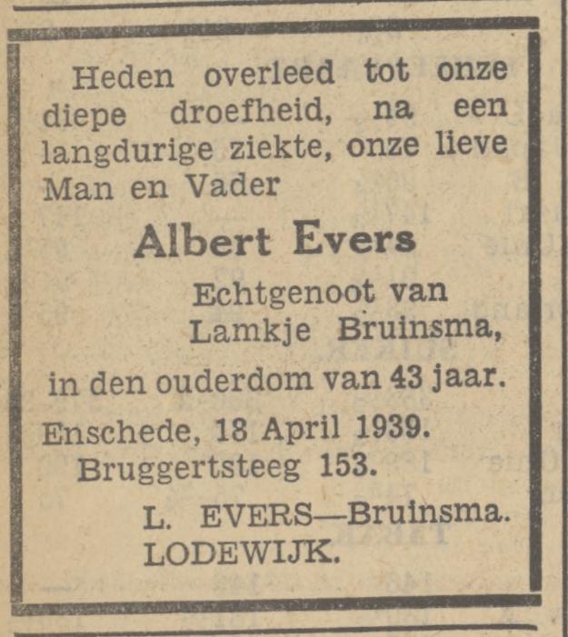 Bruggertsteeg 153 Albert Evers overlijdeensadvertentie Tubantia 18-4-1939.jpg