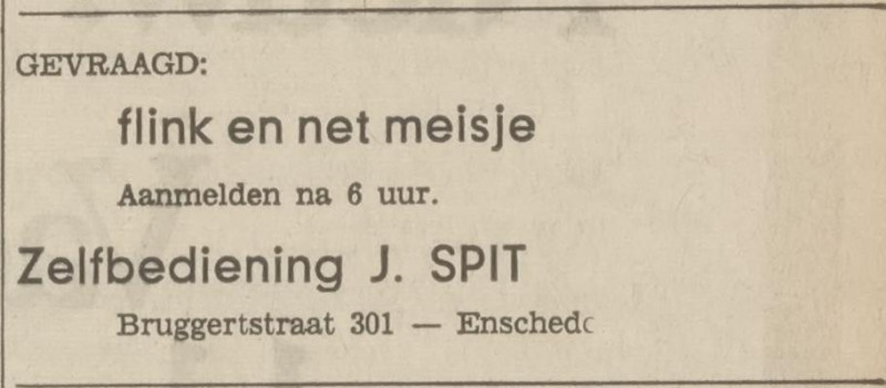 Bruggertstraat 301 zelfbediening J. Spit advertentie Tubantia 7-6-1969.jpg