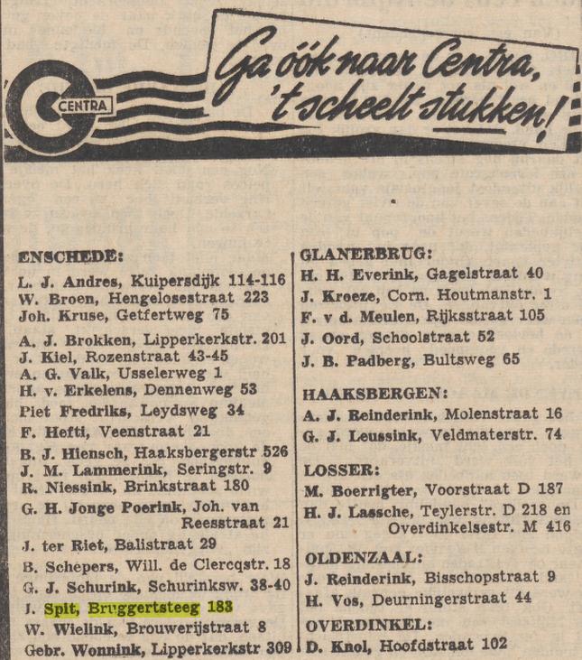 Bruggertsteeg 183 Centra winkel J. Spit krantenbericht Twentsche Courant 9-9-1953.jpg