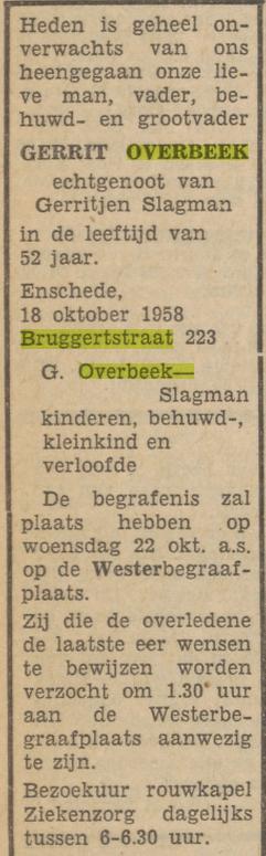 Bruggertstraat 223 Gerrit Overbeek overlijdensadvertentie Tubantia 20-10-1958.jpg