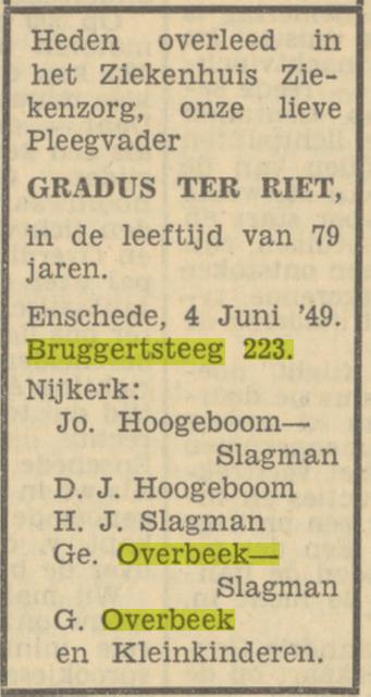 Bruggertsteeg 223 G. Overbeek advertentie Tubantia 7-6-1949.jpg