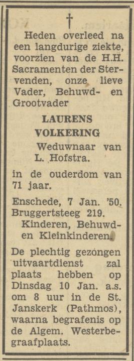 Bruggertsteeg 219 Laurens Volkering overlijdensadvertentie Tubantia 9-1-1950.jpg