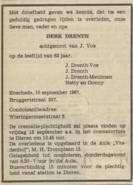 Bruggertstraat 357 Derk Drenth overlijdensadvertentie Tubantia 12-9-1967.jpg